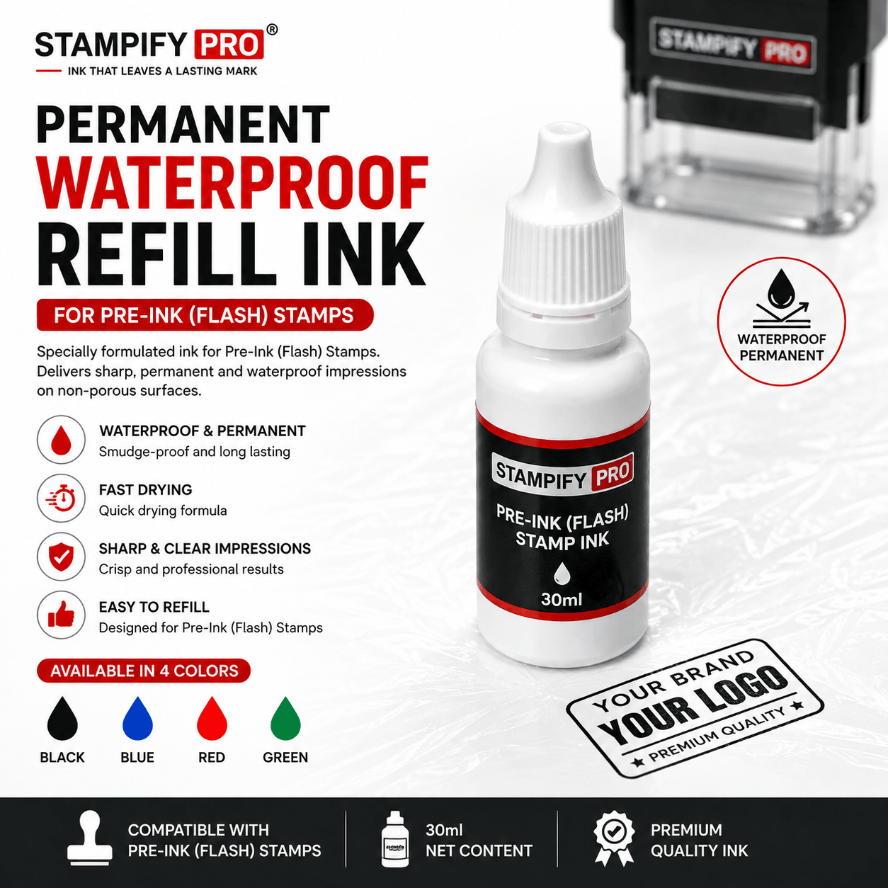 Permanent Waterproof Refill Ink for Pre-Ink & Flash Stamps (30ml)