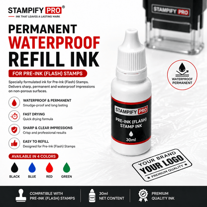 Permanent Waterproof Refill Ink for Pre-Ink & Flash Stamps (30ml)